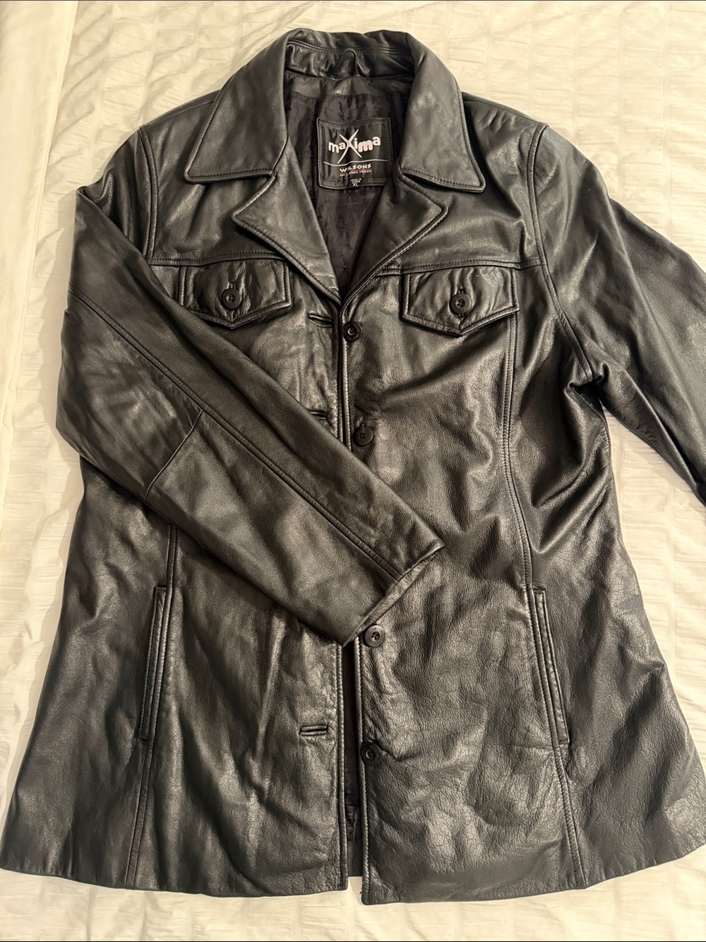 Maxima Women's Black Leather Button-Front Coat Jacket